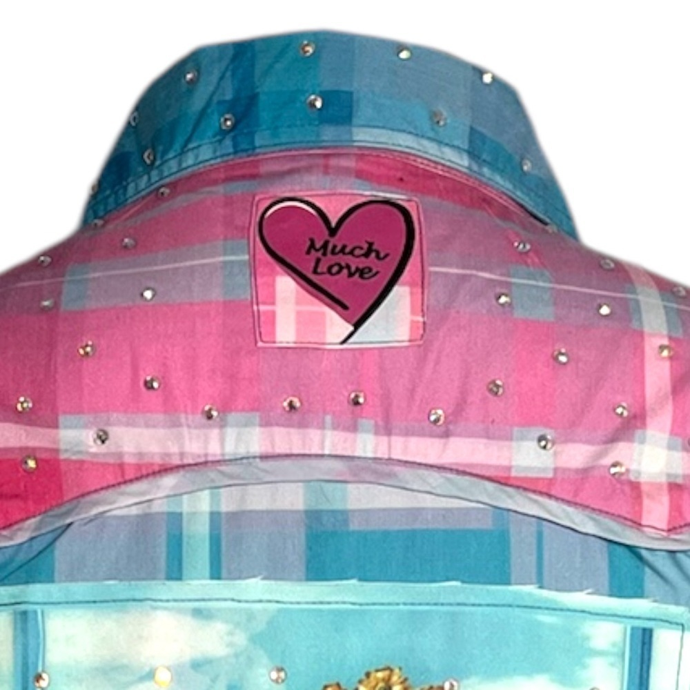 Fat Rat Family Pink Blue Plaid Rhinestone Angel Graphic Snap Button Shirt M/L - Picture 8 of 12